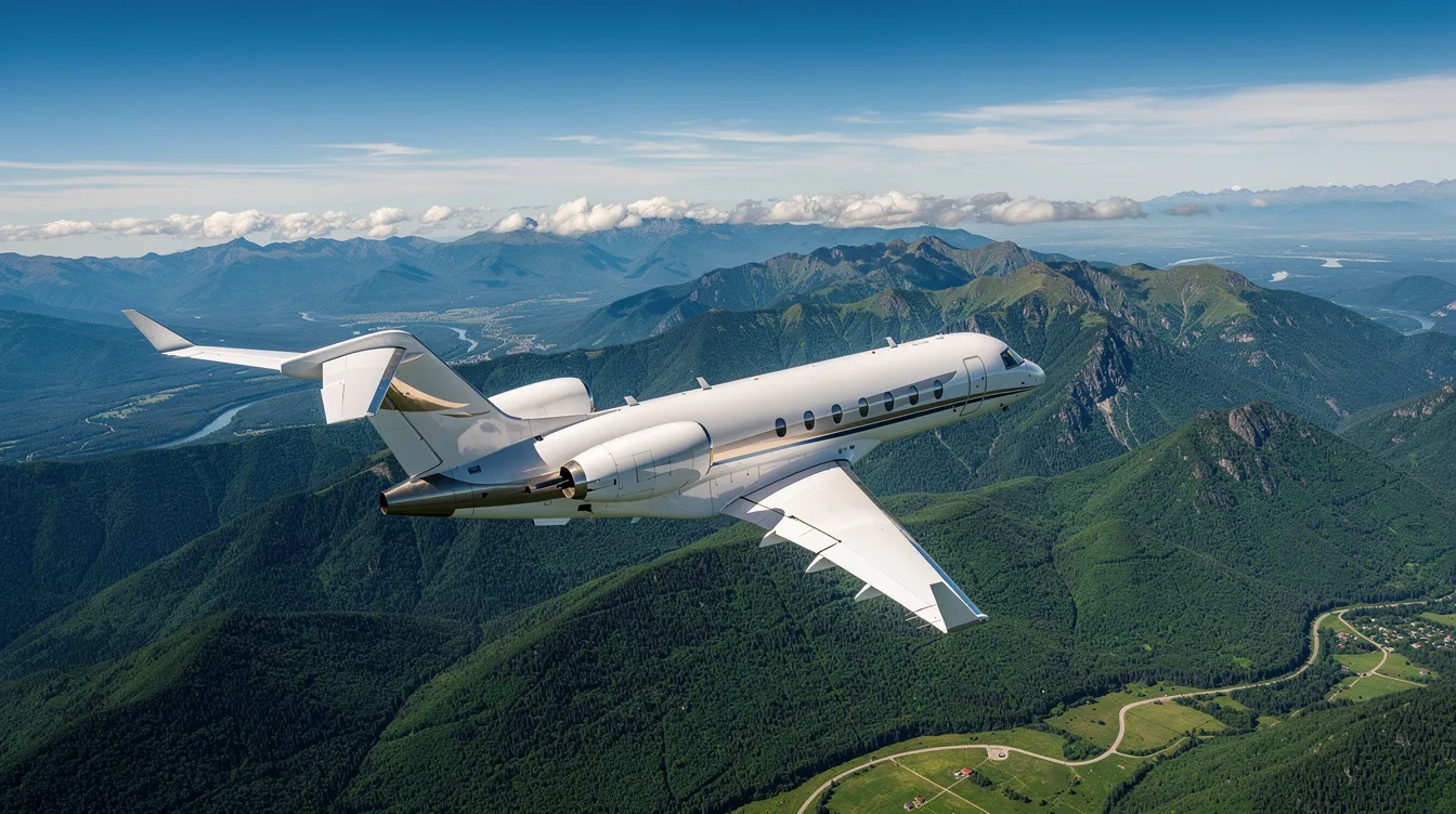 A sleek, modern private jet soars above lush green mountains under a clear blue sky, showcasing the elegance of private aviation. This fuel-efficient aircraft represents the luxury and convenience of private jet travel for both business and leisure travelers.