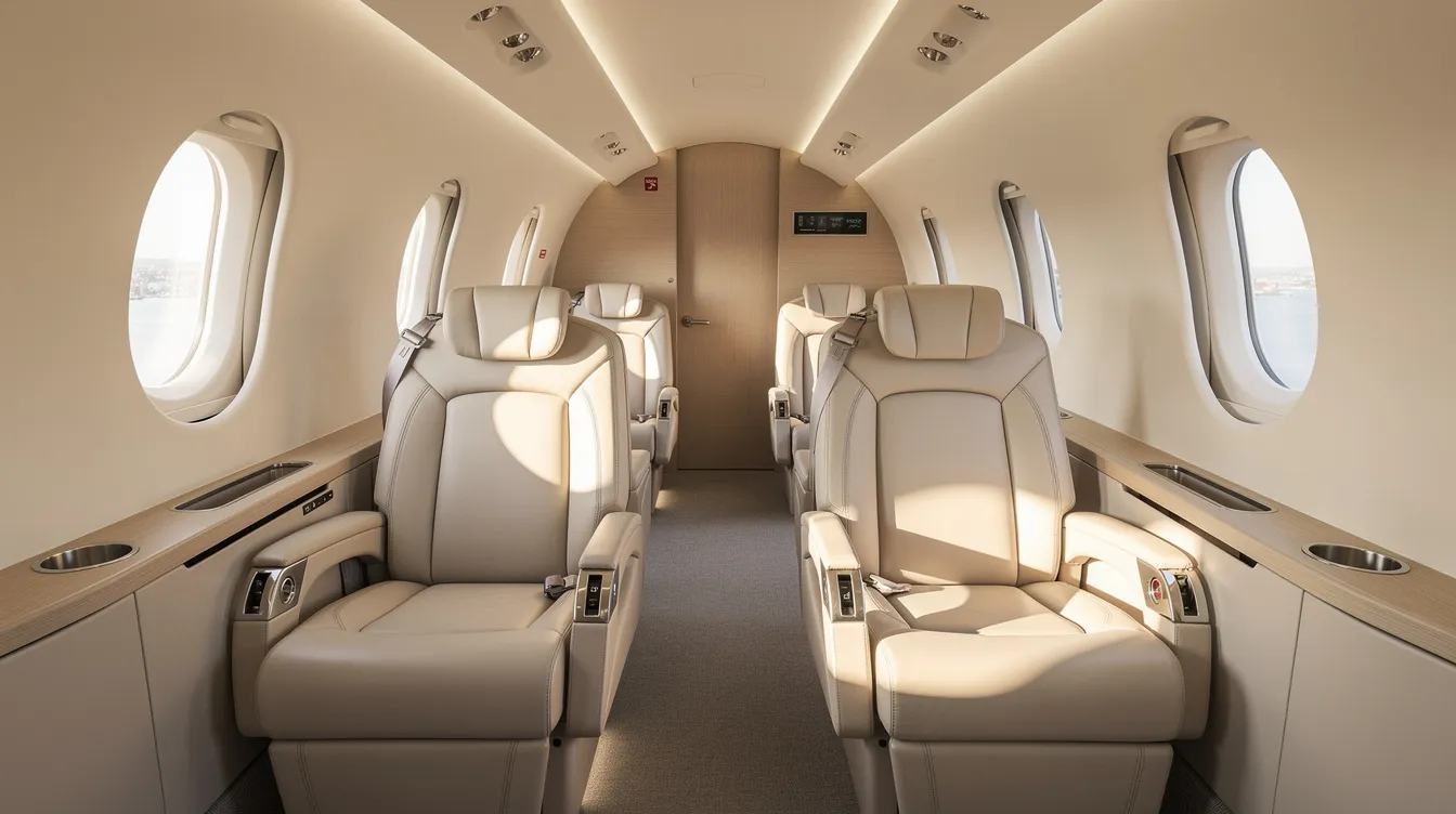 The image depicts the interior of a modern light jet cabin featuring luxurious leather seats and ample natural light streaming through oval windows, creating an inviting atmosphere for private jet travel. This elegant space is ideal for passengers embarking on a journey from London to Paris, offering comfort and style for a premium flying experience.