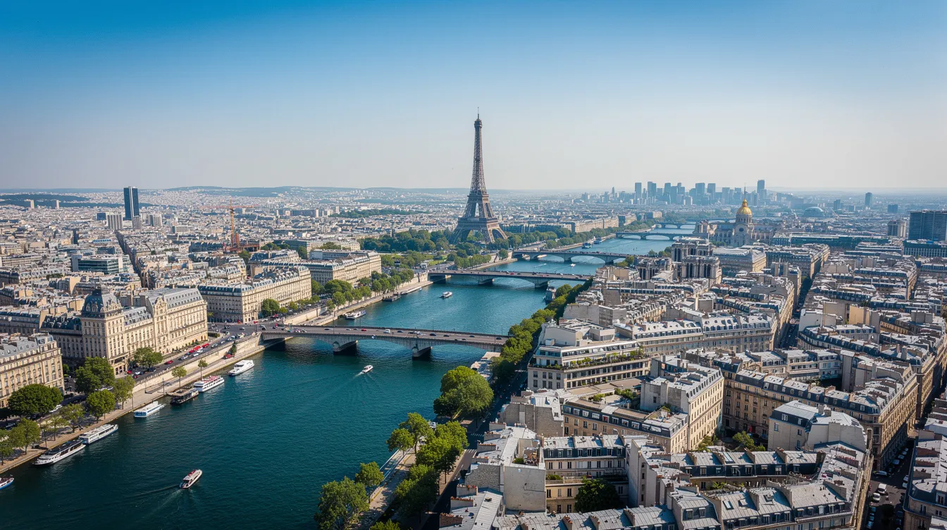 An aerial view of Paris showcases the Seine River gracefully winding through the city on a clear day, with iconic landmarks like the Eiffel Tower visible amidst the urban landscape. This picturesque scene embodies the charm of the city, perfect for those considering private jet travel from London to Paris.