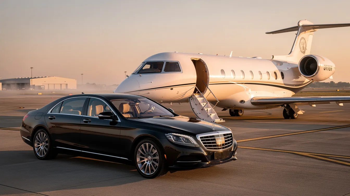 A luxury sedan is parked on an airport tarmac next to a private jet with its steps extended, ready for passengers to board. This scene captures the essence of private jet travel, highlighting the convenience and elegance of flying to destinations like Paris.