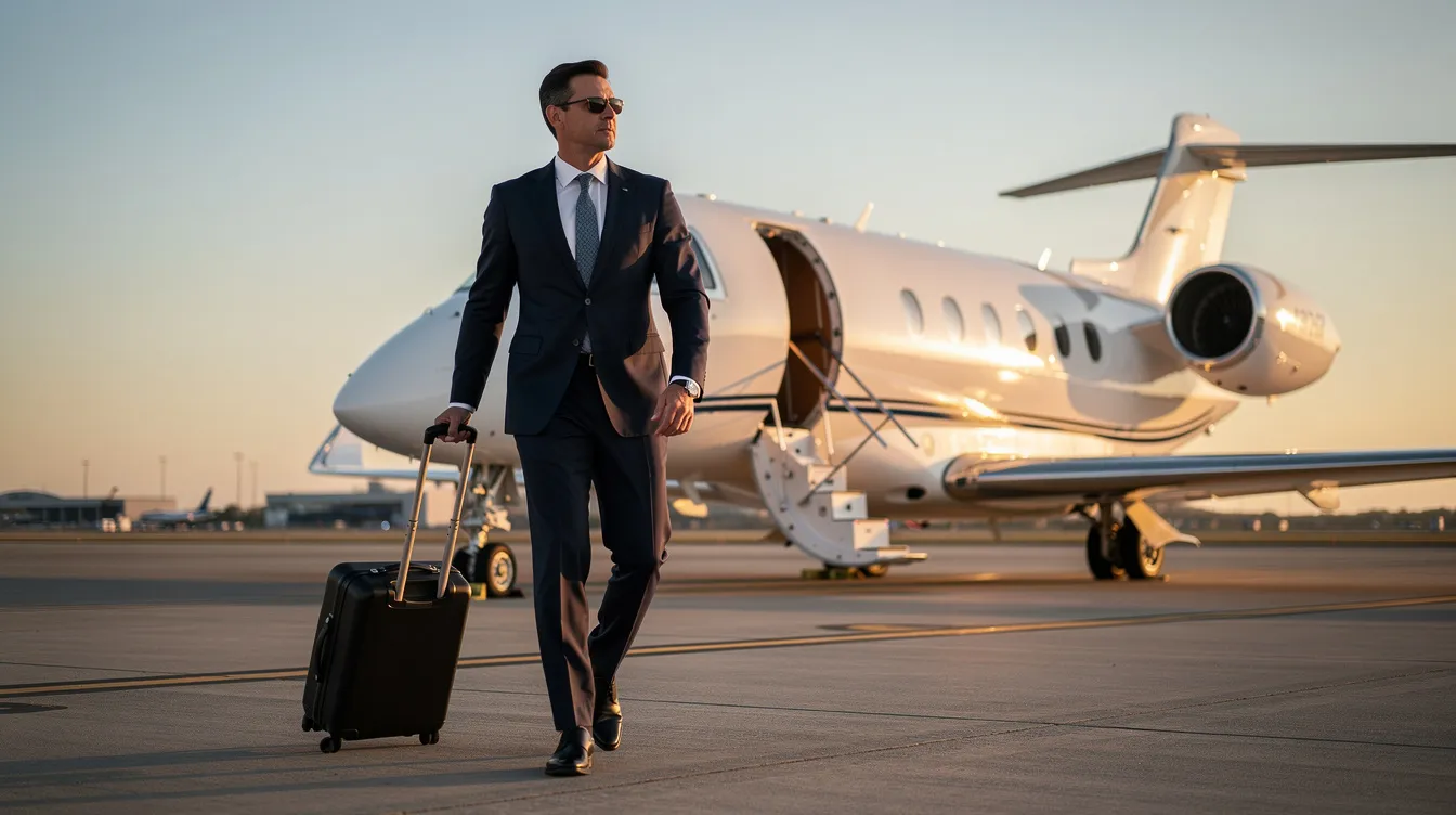 A business executive in a tailored suit strides confidently toward a sleek midsize private jet on the airport tarmac, ready for a personal flight that will facilitate their business trip. This personal aircraft symbolizes the efficiency of using private jets for business purposes, allowing for greater control over travel schedules and expenses incurred.