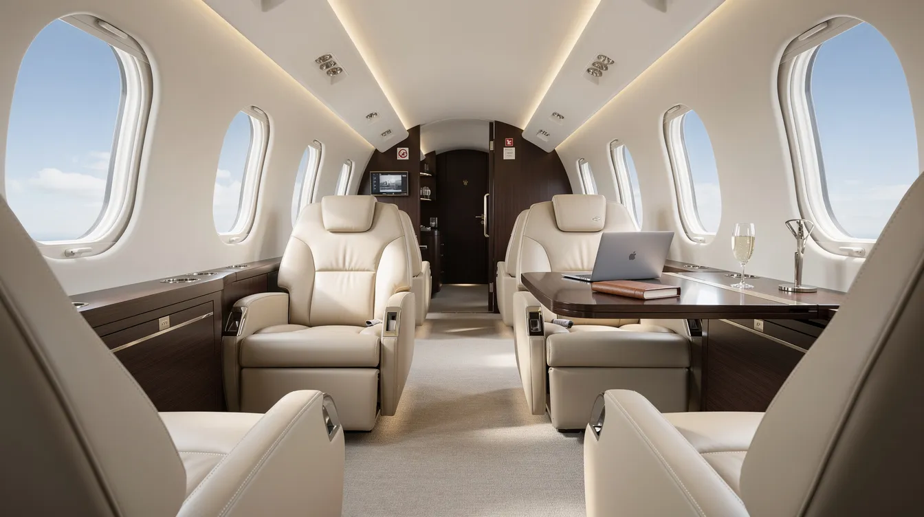 The image depicts the interior of a modern private jet cabin, featuring luxurious leather seats and a small table, illuminated by natural light streaming through oval windows. This setting is ideal for personal flights or business trips, highlighting the comfort and elegance of using a personal aircraft for commuting and business purposes.