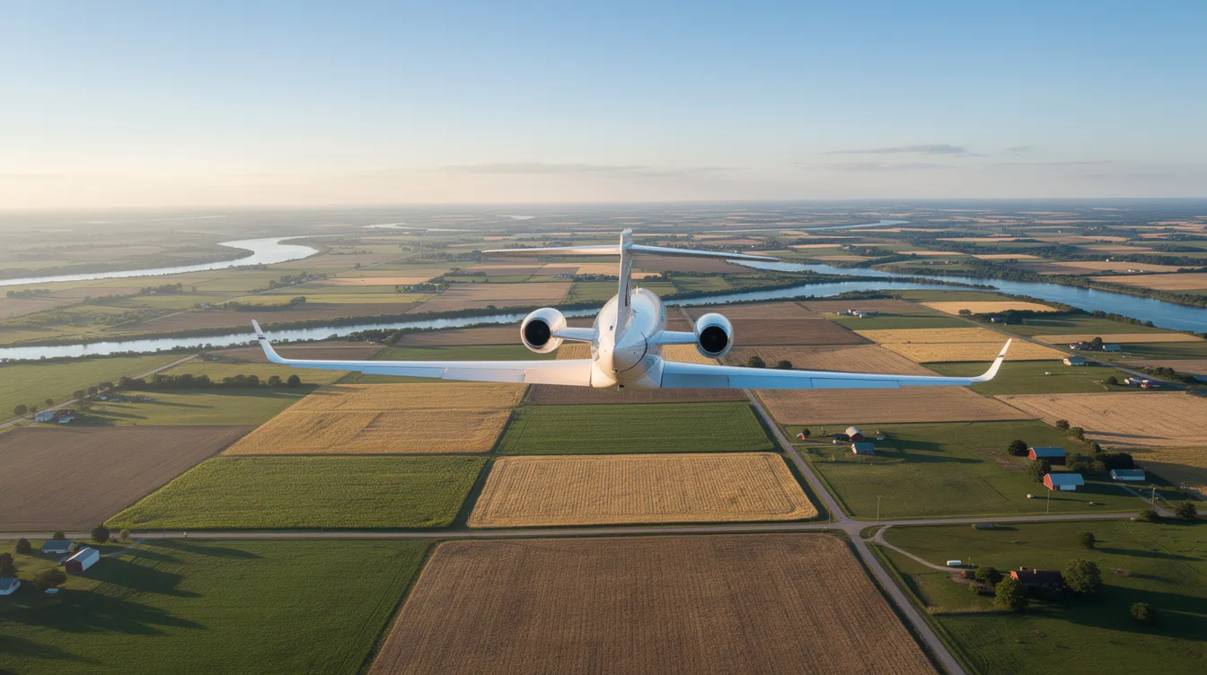 A private jet soars over a vibrant patchwork of farmland and winding rivers, showcasing the beauty of the American landscape. This personal aircraft exemplifies the convenience of using personal flights for business purposes, offering a swift alternative to commercial flights for business trips.