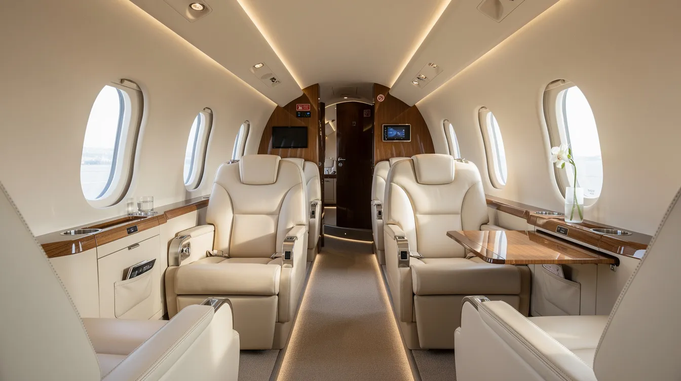 The image shows the interior of a modern midsize private jet cabin, featuring plush leather seats and ample natural light streaming in through large windows. This luxurious space is ideal for travelers seeking private flight options, including last minute private jet deals and empty leg flights.
