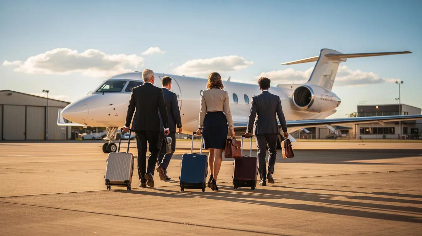 A group of business professionals is walking toward a private jet on a sunny runway at a regional airport, ready for their departure. This scene highlights the convenience and luxury of private travel, perfect for those seeking last minute private jet flights.