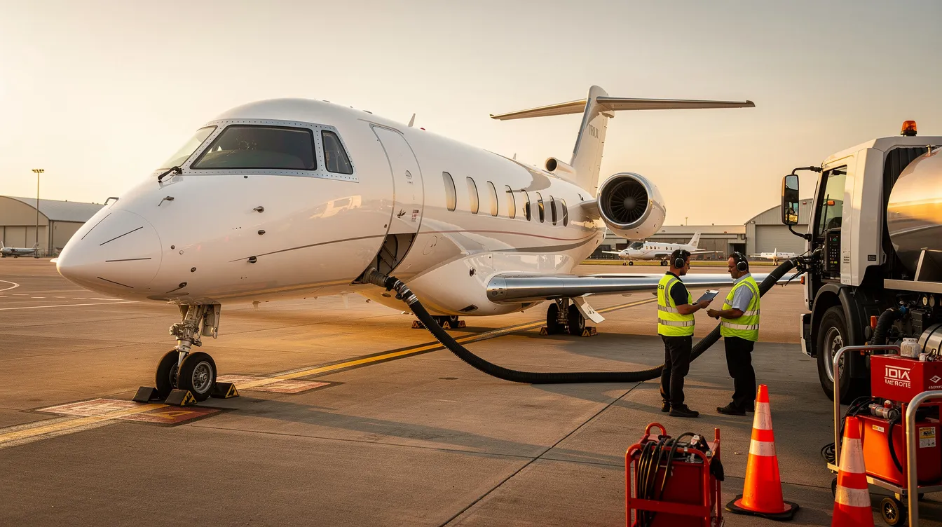 A private jet is being refueled on an airport ramp, with ground crew members visible attending to the aircraft. This scene highlights the operational aspects of private aviation, showcasing the meticulous care involved in maintaining private jets for charter flights and private ownership.