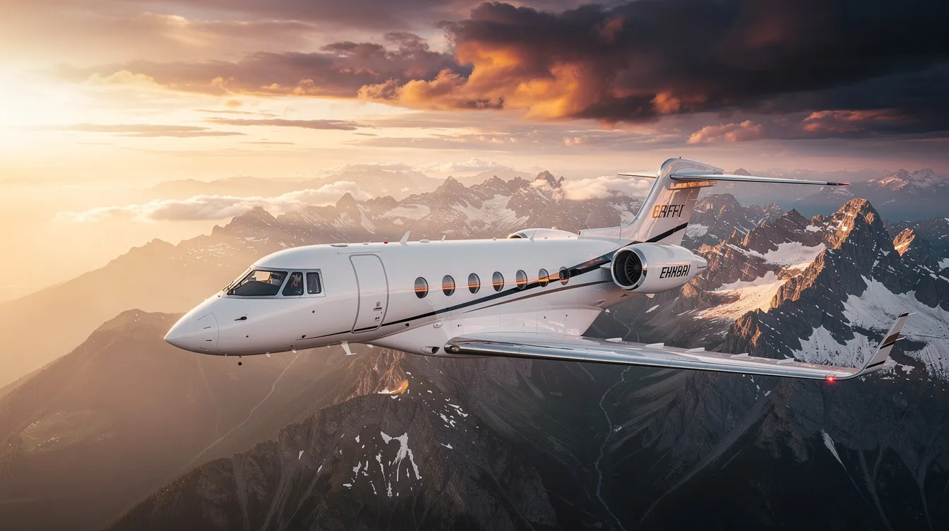 A sleek private jet soars above majestic mountain peaks, bathed in the warm hues of a sunset. This scene captures the essence of private aviation, highlighting the luxury and freedom associated with flying privately.