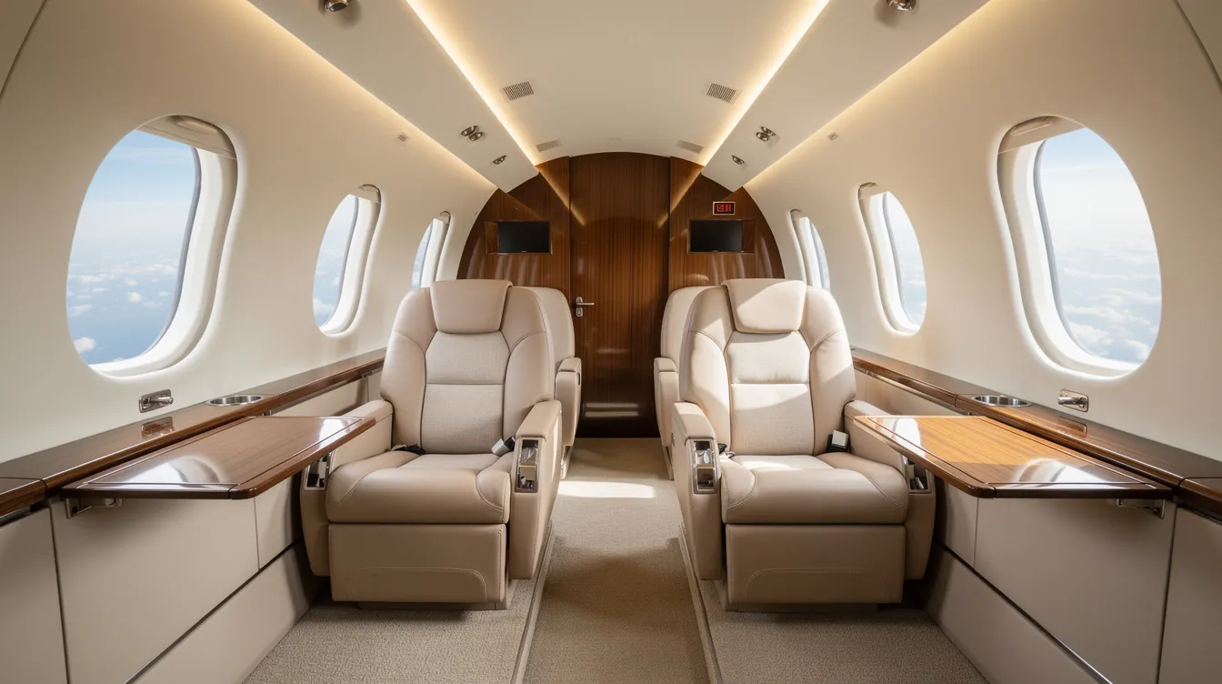 The image depicts the interior of a modern midsize private jet cabin featuring plush beige leather seats and large windows that provide ample natural light, creating a spacious and luxurious atmosphere for private aviation travel. This elegant setting is ideal for business trips or leisurely flights, showcasing the comfort and style associated with private jet ownership.