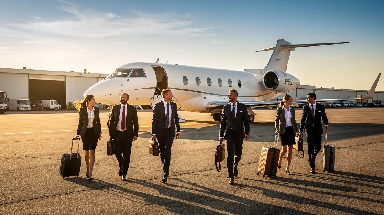 A group of business professionals in suits walks towards a sleek private jet on a sunny airport ramp, highlighting the allure of private aviation for business trips. The scene captures the essence of luxury and efficiency associated with private jet travel, emphasizing the convenience of flying privately for meetings and engagements.