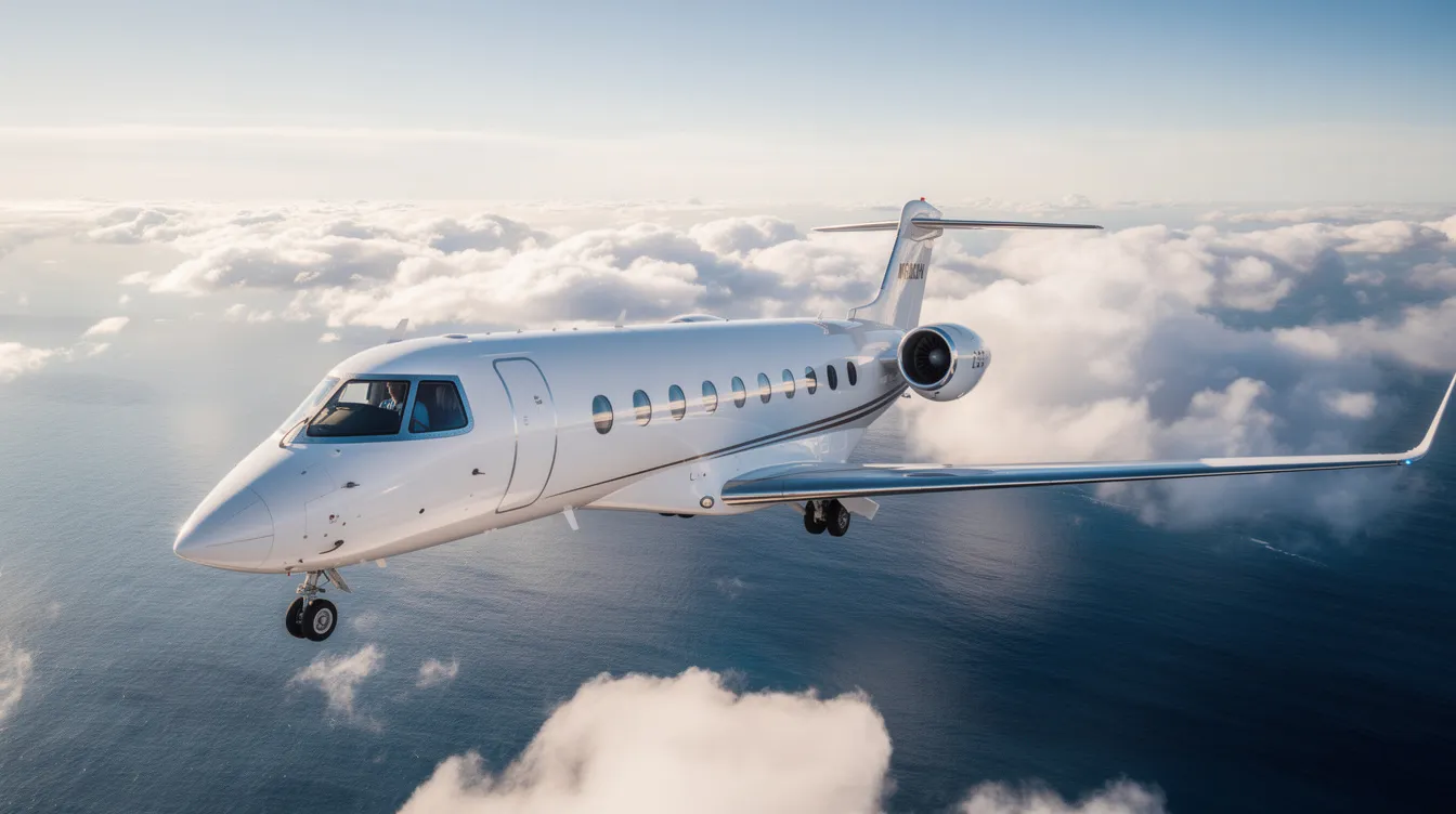 A modern large-cabin private jet, resembling a Boeing 767, soars above fluffy clouds over the ocean, with sunlight reflecting off its sleek fuselage. This aircraft, known for its extended range capabilities, is well-suited for long haul routes and offers luxurious amenities for passengers.