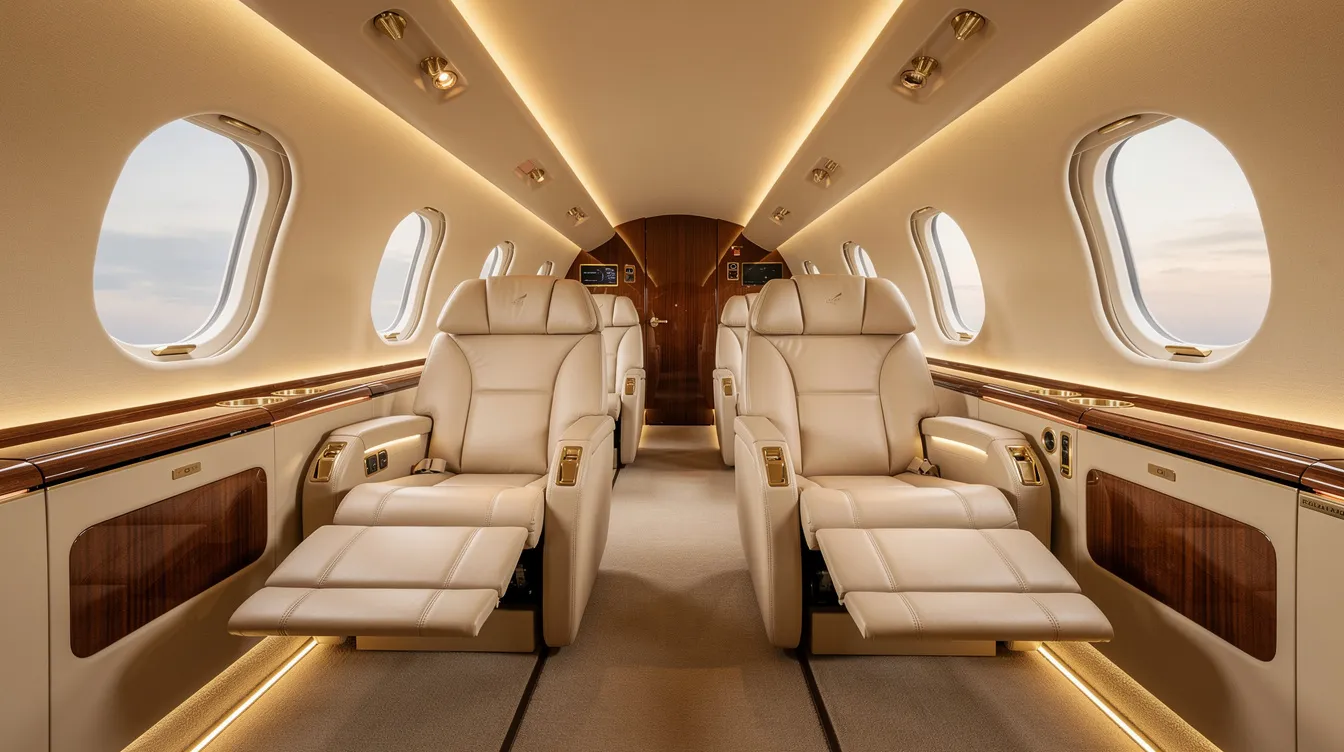 The image depicts a luxurious wide-body aircraft cabin interior featuring cream leather seating, elegant wood paneling, and soft ambient lighting, designed for comfort on long haul routes. This refined twin aisle cabin exemplifies the high standards of the airline industry, making it well-suited for both commercial service and private jets.