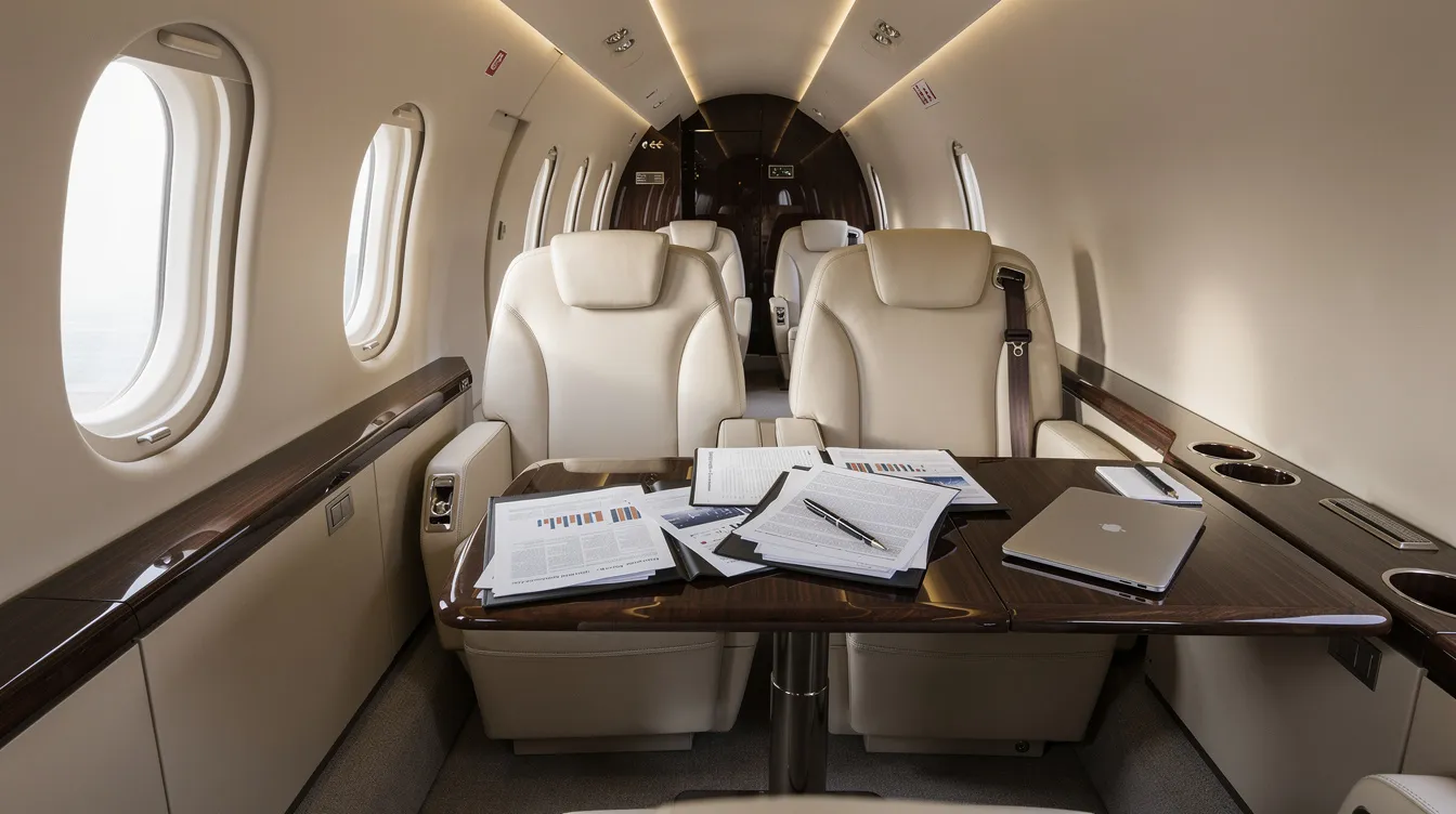 The image depicts the interior of a modern private jet cabin, featuring plush leather seats arranged around a sleek work table with scattered documents, emphasizing the luxury and comfort of private jet travel. This setting highlights the convenience and elegance associated with private jet charters, ideal for business or leisure flights.