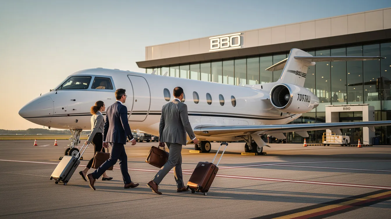 A group of business professionals is walking toward a sleek private jet parked at a modern Fixed Base Operator (FBO) terminal, ready for their private flight. The scene captures the essence of private aviation, highlighting the convenience and luxury of private jet travel.