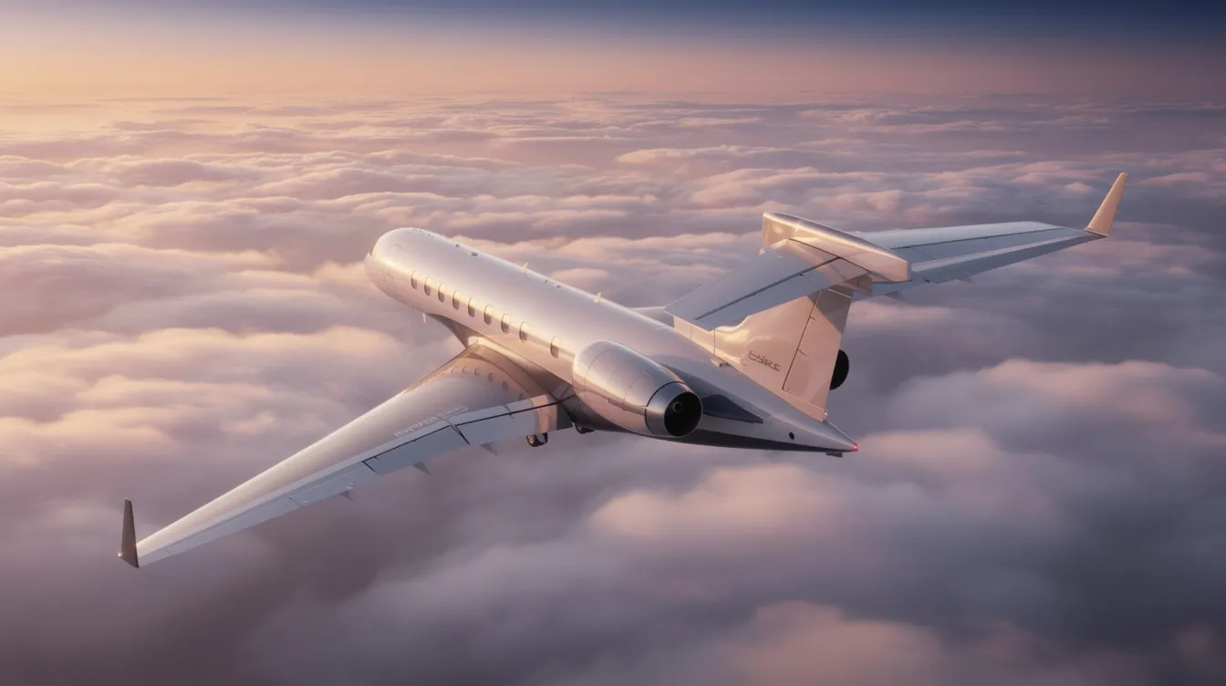 A large ultra long range private jet soars above fluffy clouds, bathed in the warm hues of a sunset sky. This stunning scene highlights the luxury of private jet travel, showcasing the aircraft's sleek design against the vibrant colors of dusk.
