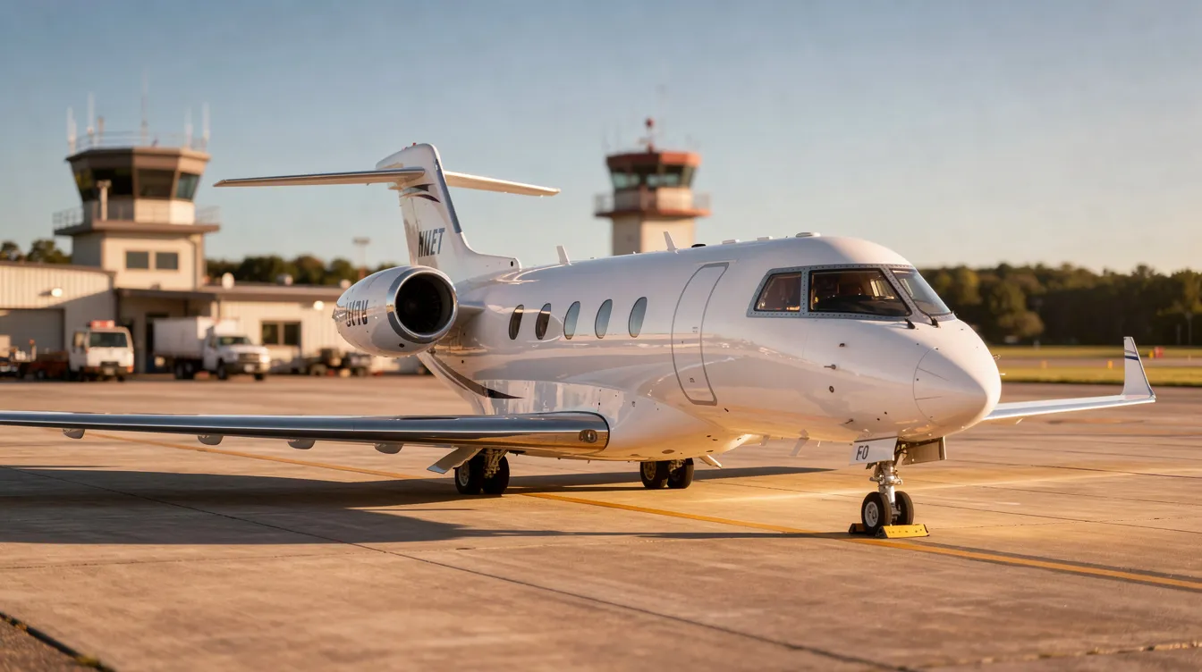 A sleek midsize private jet is parked on a sunlit tarmac at a regional airport, showcasing its luxury design and spacious cabin. This aircraft represents an attractive option for private travel, offering an efficient way to fly between smaller airports for both business and leisure.