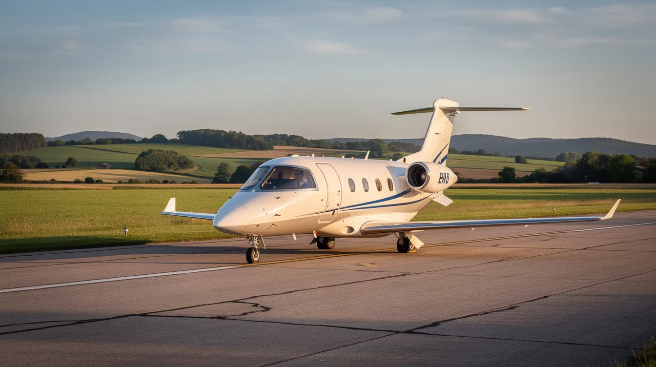 A small, light private jet is parked on a quiet regional airport runway, surrounded by lush green countryside, showcasing the appeal of private aviation for short regional flights. This scene highlights the luxury and efficiency of owning a jet, making it an attractive option for those considering private jet ownership.