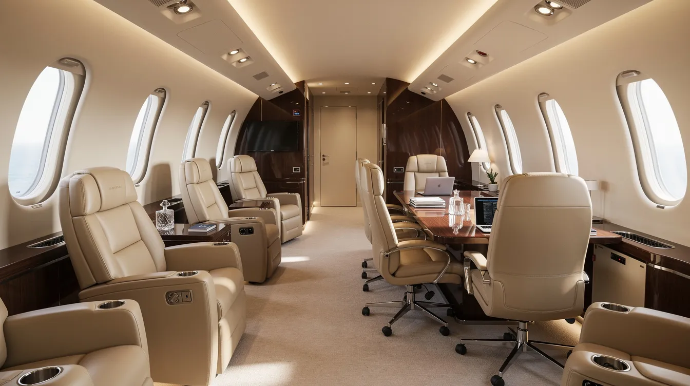 The image depicts the interior of a luxurious large-cabin private jet, featuring plush leather seats arranged around a spacious conference area, perfect for business travel. The elegant design highlights the comfort and sophistication associated with private aviation, making it an attractive option for those considering private jet ownership.