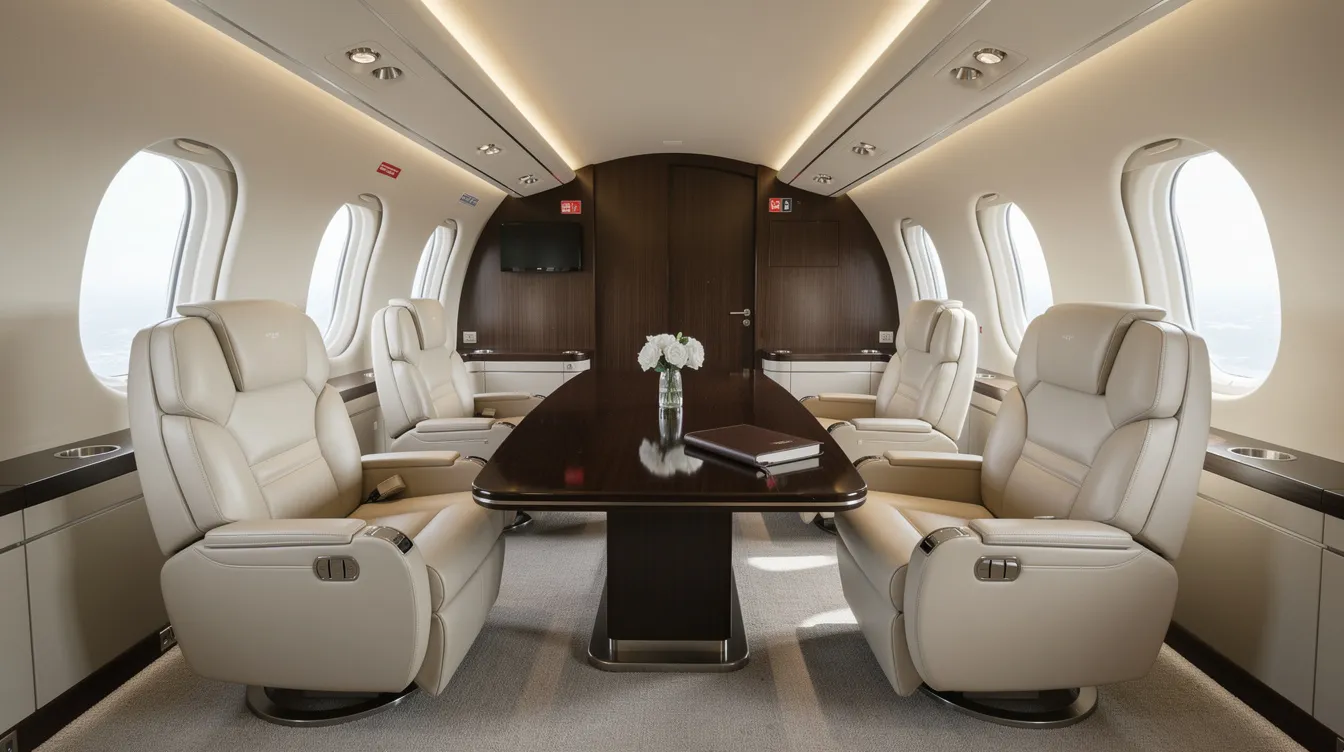 The image depicts the interior of a luxury private jet cabin featuring cream leather seats arranged around a sleek conference table, designed for private travel and business meetings. This elegant setting highlights the comfort and sophistication sought by private jet owners in the realm of private aviation.