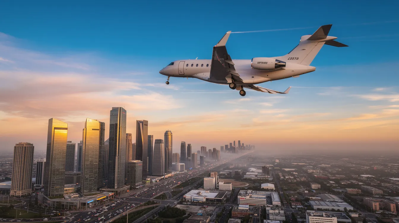 A private jet climbs into a clear blue sky at sunset, with a stunning city skyline visible below, showcasing the allure of private aviation and its key advantages for discerning travelers. This image captures the essence of luxury private jets, symbolizing freedom and complete control over one's travel schedule.