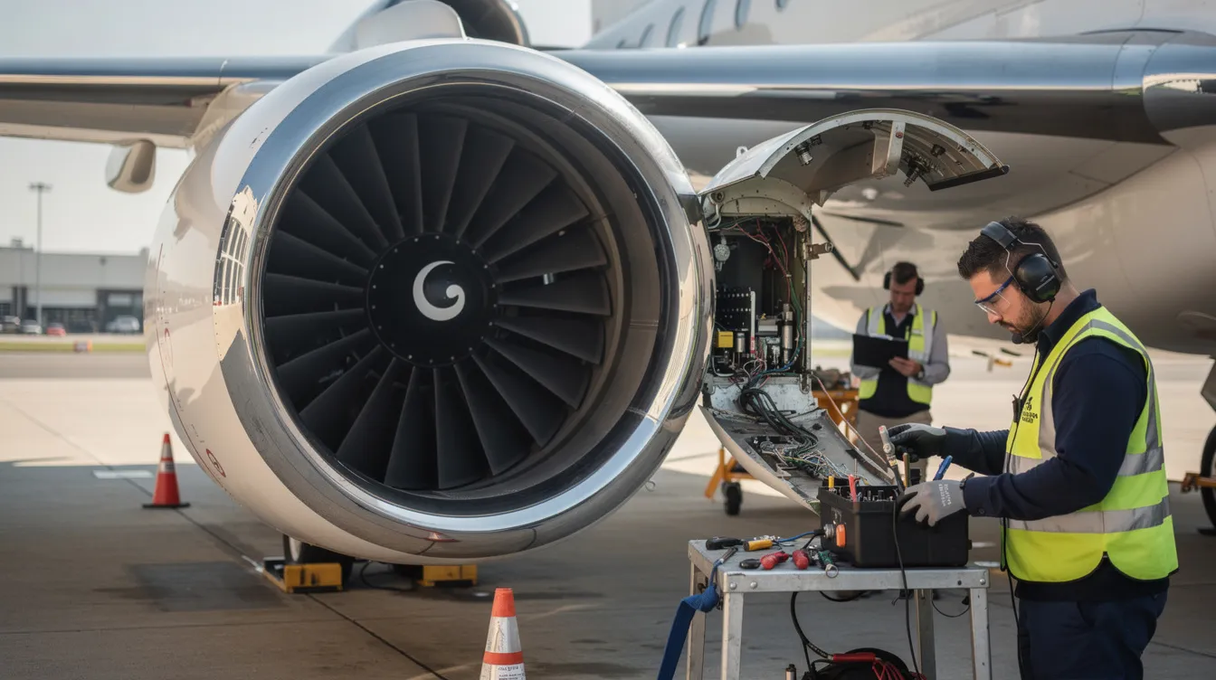 The image shows a close-up view of a private jet engine, with ground crew members diligently performing routine maintenance work. This scene highlights the importance of aircraft's maintenance history and ongoing costs for private jet owners in ensuring safe and efficient private aviation.