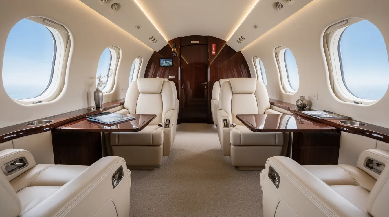 The image depicts the luxurious interior of a large-cabin private jet, featuring plush leather seating, elegant wood veneer accents, and expansive windows that offer bright natural light. This sophisticated setting highlights the comfort and style associated with private jet ownership, where the costs can range from several million dollars to hundreds of millions, depending on the aircraft type and ownership model.