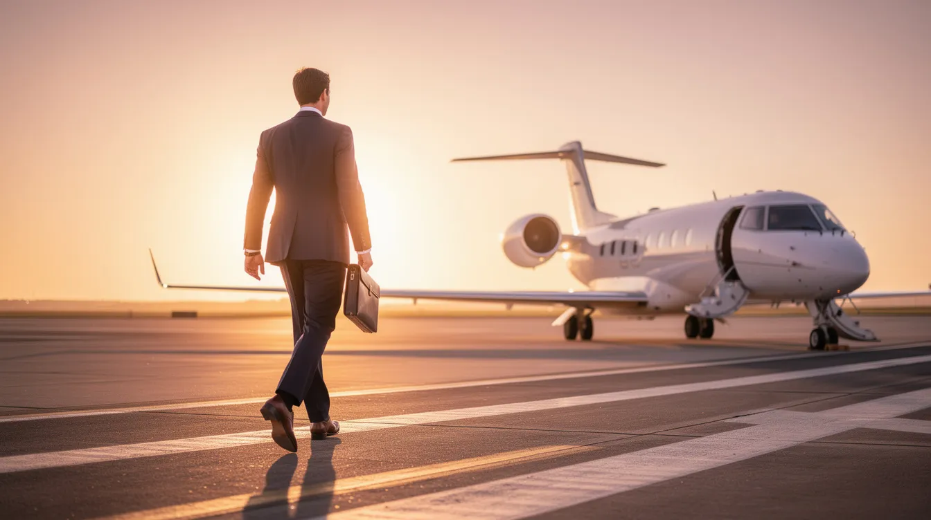 A business professional confidently walks toward a sleek private jet on a runway illuminated by the warm glow of golden hour. The scene captures the essence of private jet ownership, highlighting the allure and luxury associated with owning a private aircraft.