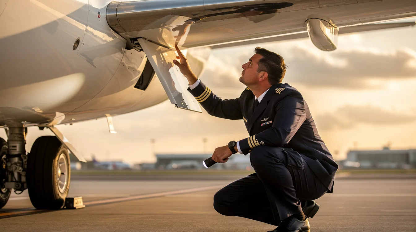 A pilot is performing a thorough pre-flight inspection underneath the wing of a midsize business jet, ensuring all safety and maintenance checks are completed before takeoff. This crucial process is part of the responsibilities of aircraft ownership, whether through sole ownership or co ownership agreements.