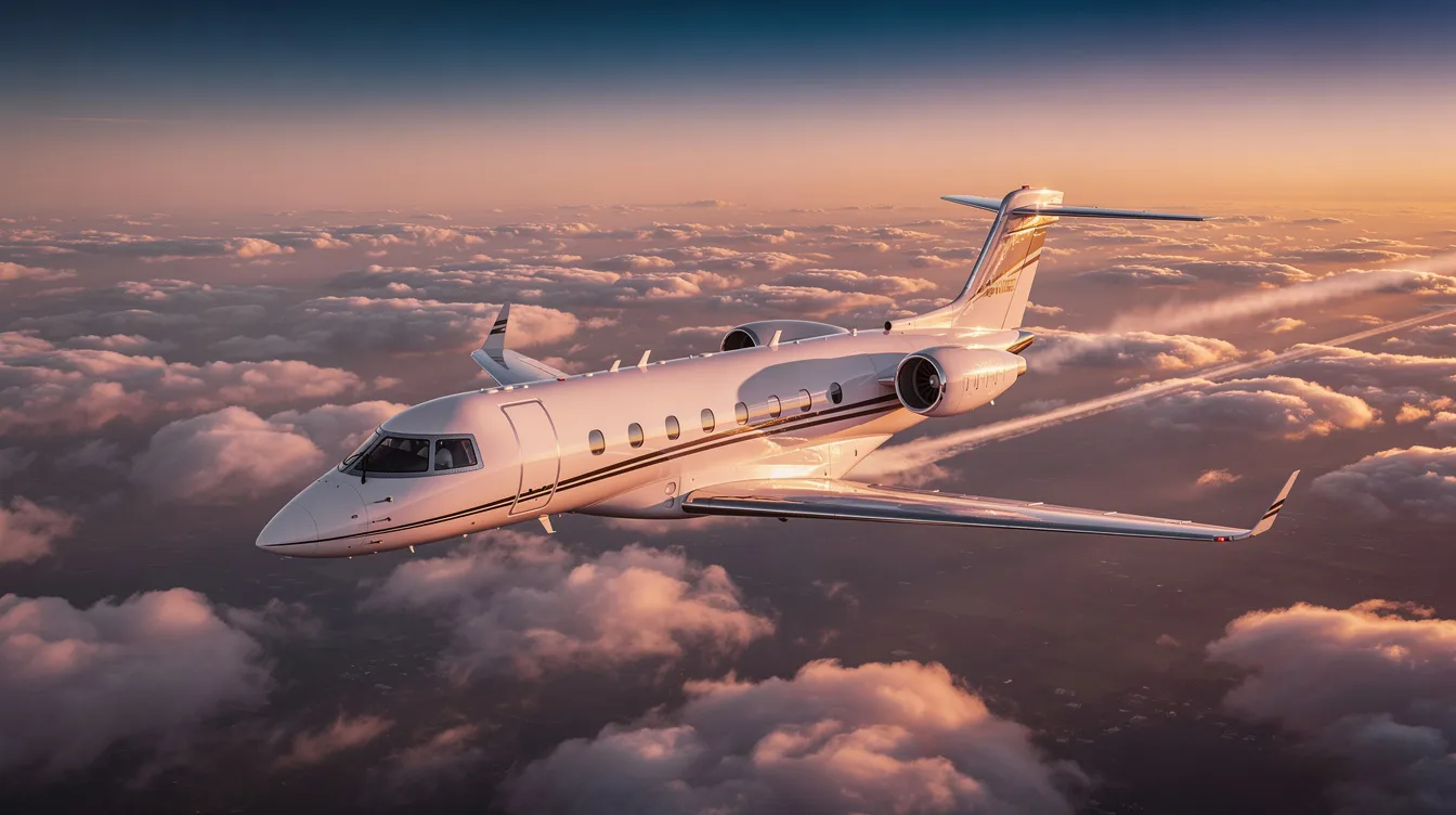 A sleek midsize private jet soars through the sky above scattered clouds, illuminated by the warm hues of a sunset. This image captures the essence of aircraft ownership, showcasing the freedom and luxury associated with private flying.