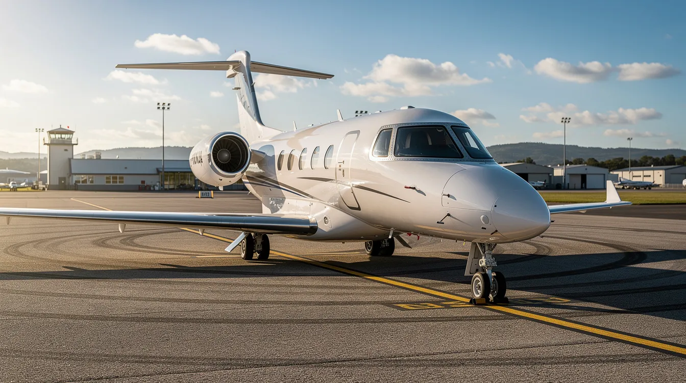 A sleek light private jet is parked on a sunlit tarmac at a regional airport, showcasing the luxury of private aviation. This aircraft represents a cost-effective option for fractional ownership programs, offering guaranteed access for travelers seeking convenience and flexibility in their flight plans.