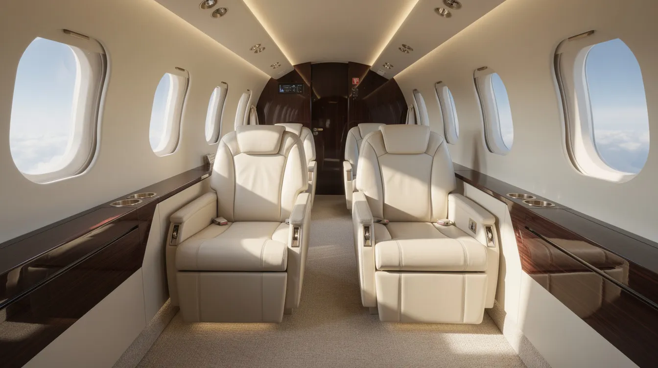 The image showcases the interior of a luxurious midsize private jet cabin, featuring plush leather seats bathed in natural light, creating an inviting atmosphere for private aviation. This elegant space highlights the comfort and sophistication associated with fractional jet ownership and the benefits of private jet travel.