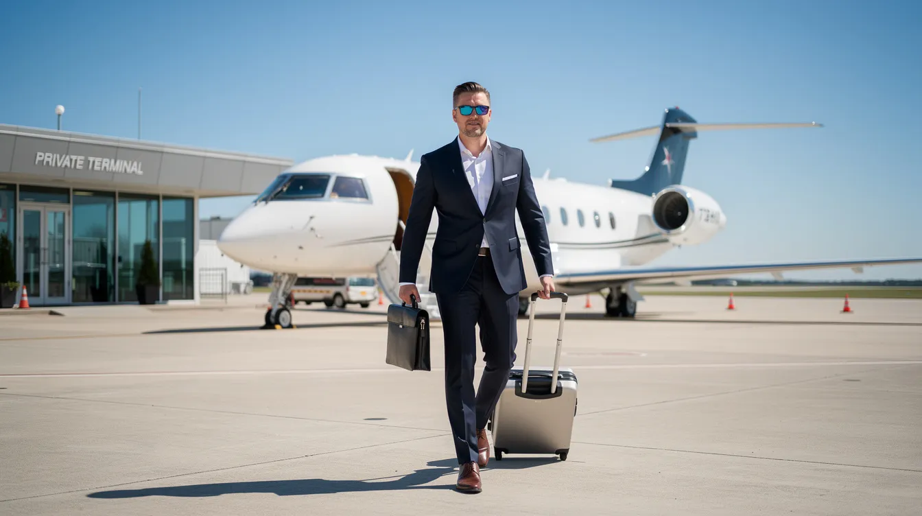 A business executive confidently walks toward a private jet at a private terminal on a clear day, showcasing the allure of private aviation and fractional ownership options. The scene reflects the convenience and luxury of private jet travel, highlighting the benefits of guaranteed access and cost-effective fractional jet ownership programs.