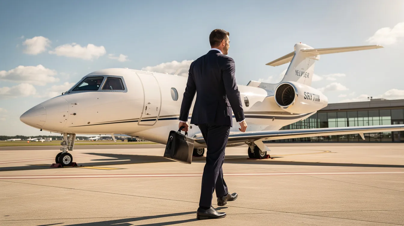 A business professional strides confidently toward a sleek private jet at a sunny private terminal, embodying the world of aircraft ownership and investment. The scene captures the essence of luxury travel and the process of connecting buyers with high-end jets and aircraft.