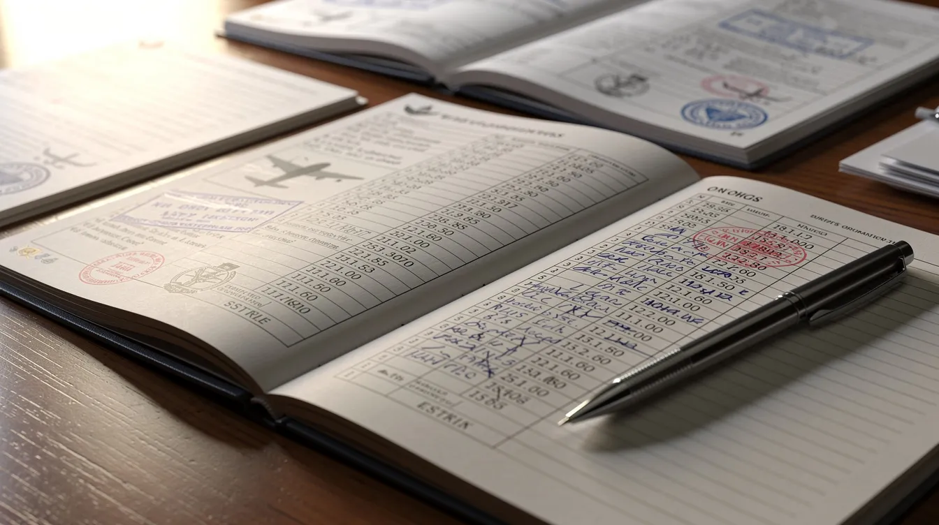 A close-up view of official aviation documents and logbooks is displayed on a desk, accompanied by a pen, showcasing essential resources for aircraft buyers and owners involved in the process of aircraft ownership and sale. The documents may include registration details and insurance information relevant to various aircraft models, including jets and helicopters.