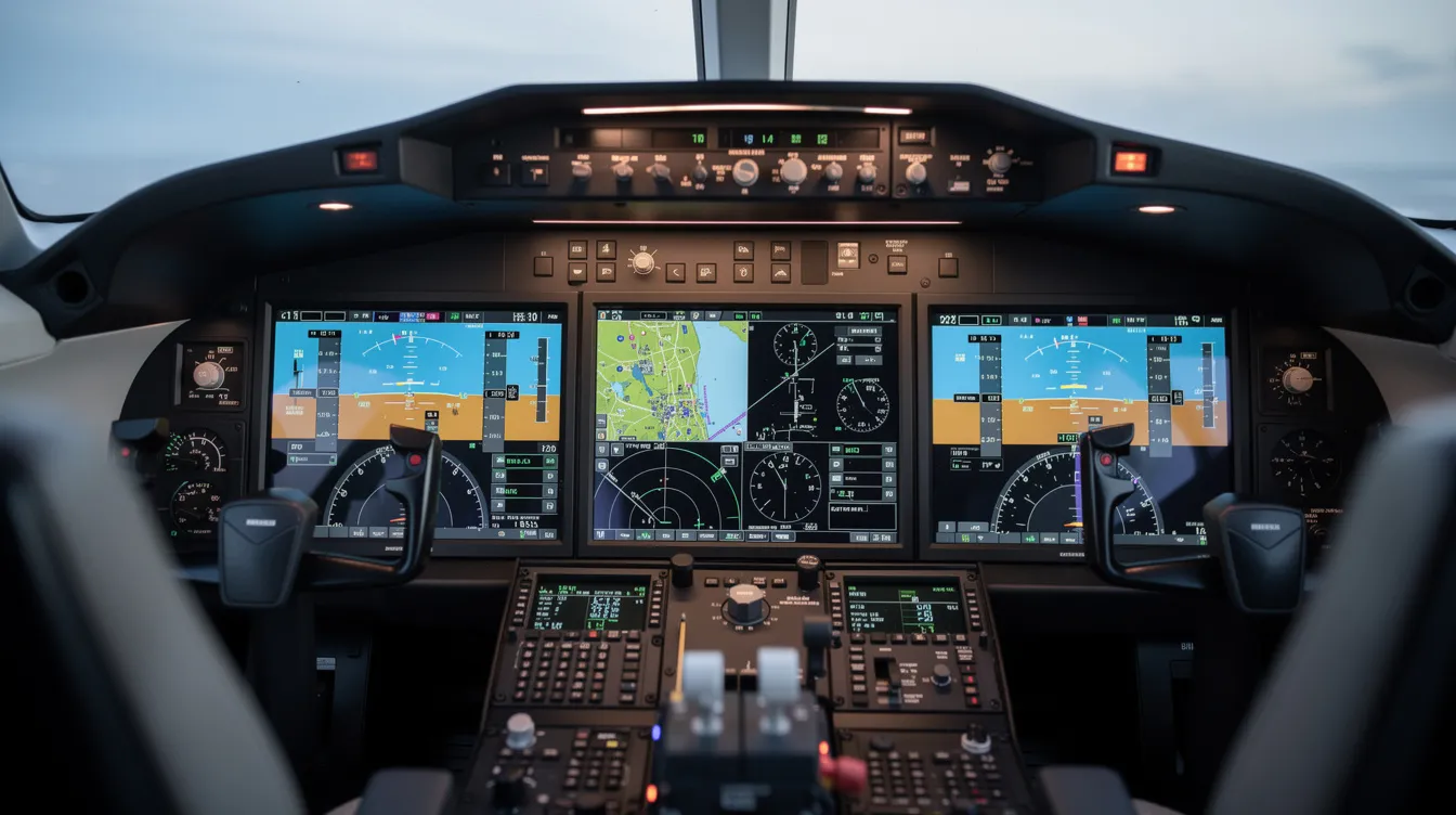 The image features a close-up view of a modern glass cockpit in a business jet, showcasing illuminated avionics screens that display various flight data. This high-tech cockpit is designed for aircraft buyers looking to invest in advanced jets and optimize their flying experience.