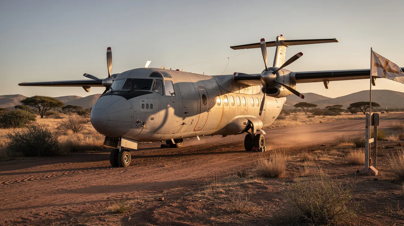 A rugged twin-turboprop transport plane is parked on a dirt airstrip, surrounded by sparse vegetation, showcasing its robust design suitable for operations in remote regions of South America. The aircraft is equipped with good landing gears, making it ideal for unpaved runways and essential for cargo missions.