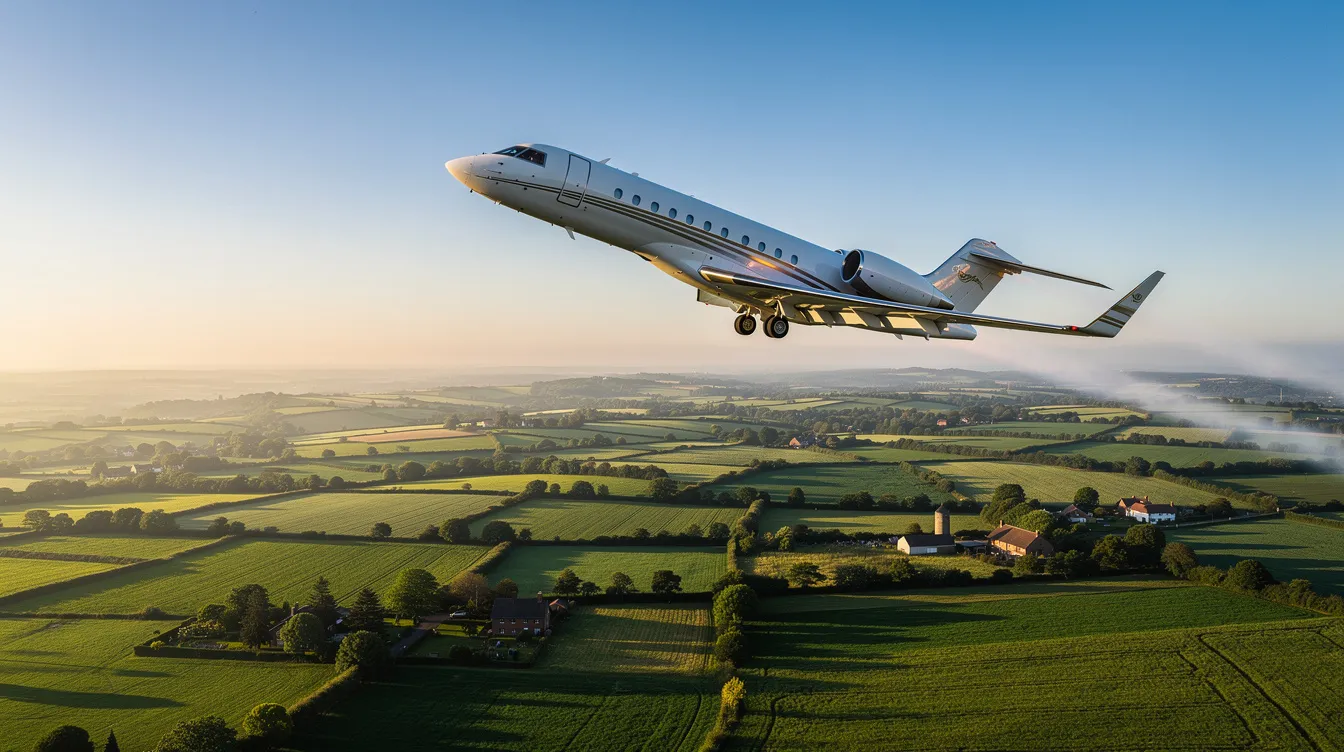 A sleek private jet ascends gracefully through clear blue skies, soaring above lush green countryside. This aircraft exemplifies the performance and comfort of modern aviation, appealing to pilots and owners alike in the market for single engine planes for sale.