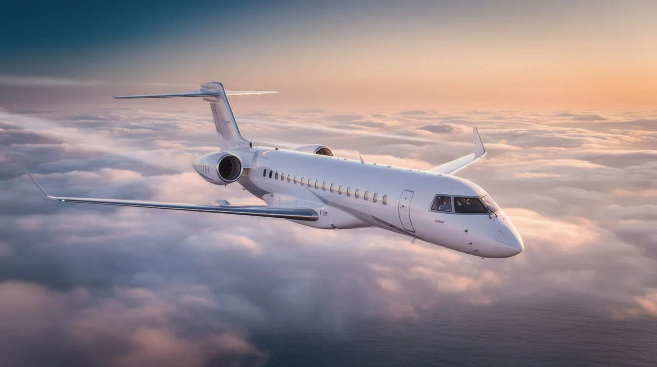 A sleek modern long-range business jet soars above fluffy clouds, illuminated by the warm hues of a sunrise over the ocean. This aircraft, ideal for private travel, showcases its impressive design and could be featured in sale listings for those interested in maintaining a luxurious fleet.