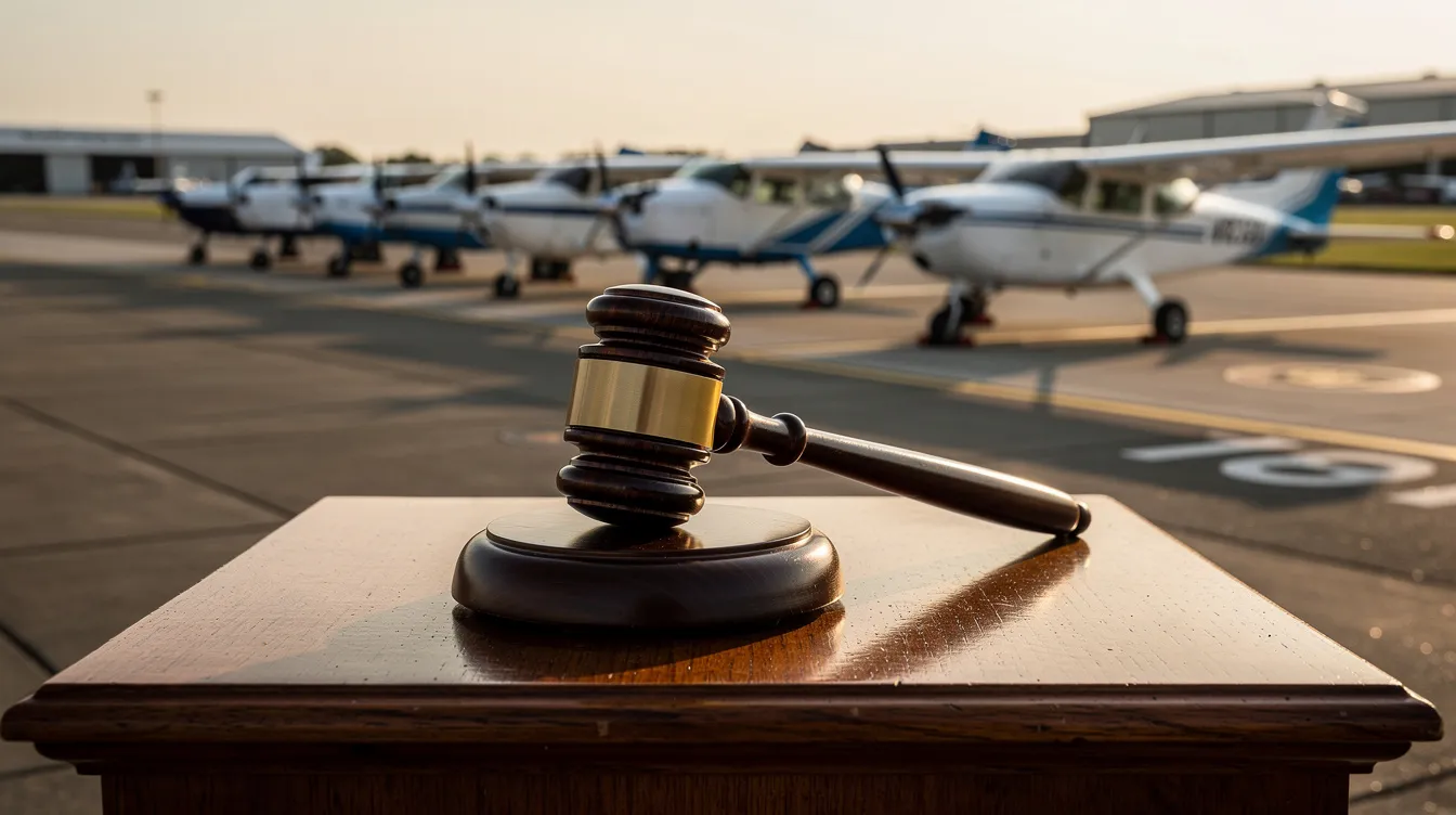 An auctioneer's gavel rests on a wooden podium, with a lineup of small propeller aircraft, including Cessna and Piper models, visible in the background on an airfield. The scene suggests an upcoming sale of aircraft, emphasizing the excitement of live updates during the auction event.