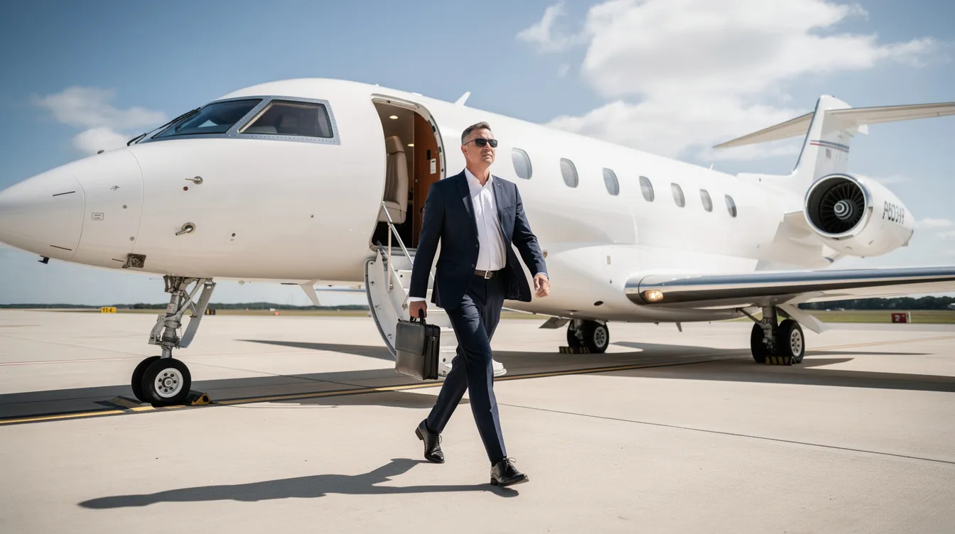 A business executive is walking toward the open door of a pristine white private jet on a sunny airport tarmac, showcasing a sleek aircraft ready for travel. This scene reflects the luxury and convenience of private air travel, often associated with the sale of high-end airplanes.
