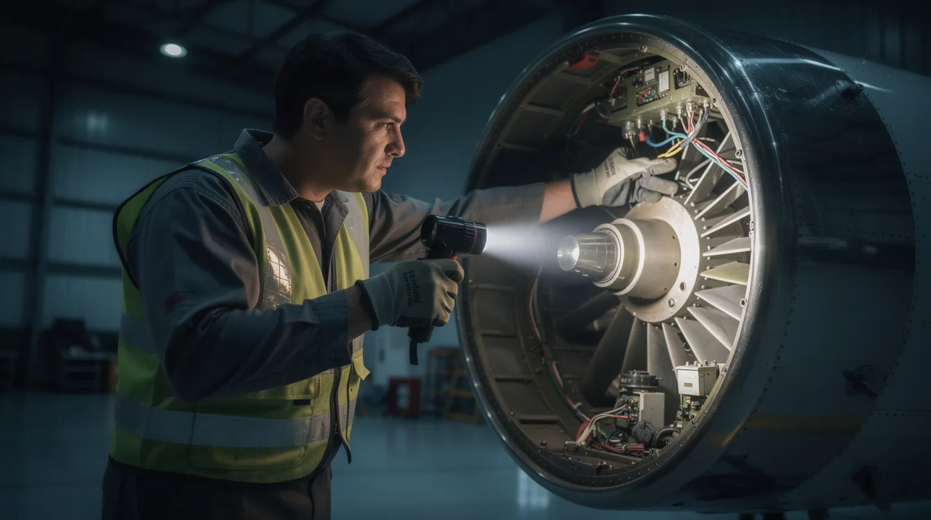 A close-up image shows an aircraft mechanic using a flashlight to carefully inspect the interior of a turboprop engine cowling, highlighting the intricate components and details involved in aircraft maintenance. This scene emphasizes the meticulous work required to ensure the safety and performance of airplanes and helicopters.