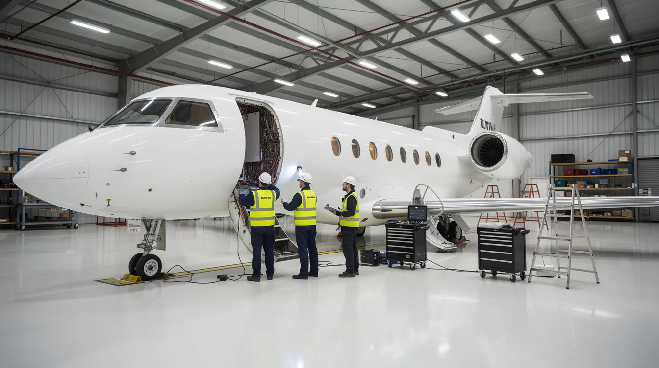 The image shows a business jet parked inside a well-lit maintenance hangar, where technicians are carefully inspecting the engine area. The scene highlights the attention to detail required for aircraft maintenance, ensuring the engines and airframe are in optimal condition for safe operation.