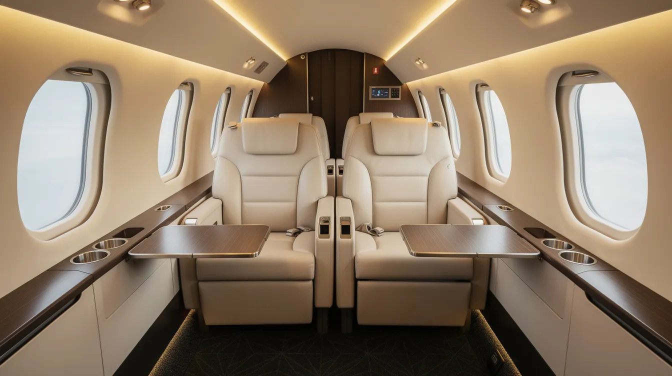 The image depicts the interior of a modern midsize private jet cabin, featuring plush leather seats and soft ambient lighting, creating a luxurious and inviting atmosphere. This stylish space is designed for comfort and sophistication, perfect for owners looking to sell or showcase their aircraft in the competitive Florida market.