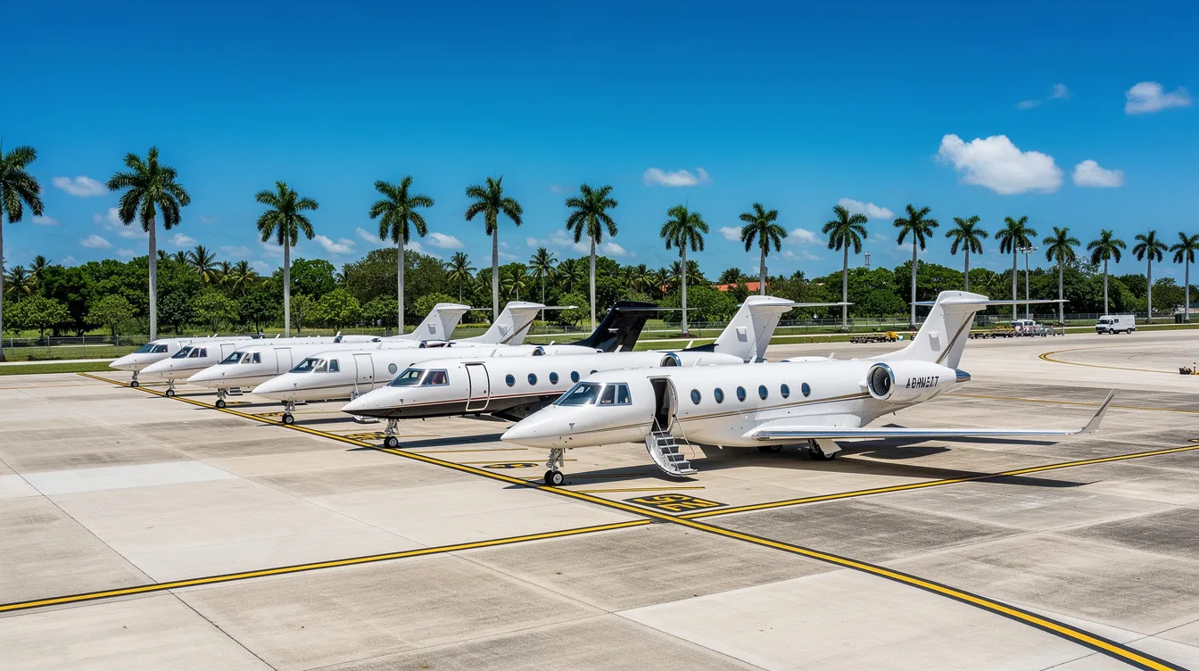 A row of private jets is parked on a sunlit tarmac at a Florida airport, with palm trees swaying gently in the background. Each aircraft features new paint and a sleek airframe, awaiting their owners for a flight, highlighting the luxury market for planes for sale in Florida.