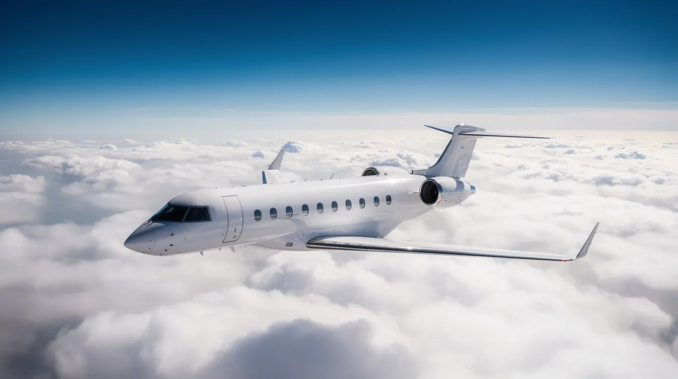 A luxurious private jet soars high above a layer of fluffy white clouds, with a vibrant blue sky serving as the backdrop. This scene captures the essence of private aviation, showcasing the ultimate travel experience for executives and passengers seeking unparalleled convenience and comfort in their journeys.