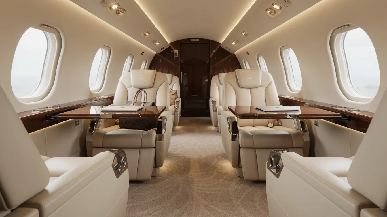 The image showcases a luxurious private jet interior featuring cream leather seats, elegant wood veneer tables, and soft ambient lighting, highlighting the unmatched comfort and style of private aviation. This spacious cabin is designed for an exceptional travel experience, catering to the needs of executives and clients seeking the ultimate in luxury and convenience.