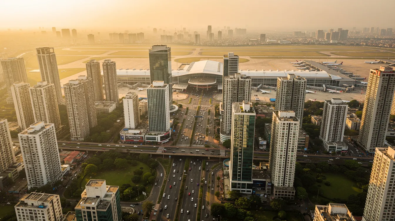 An aerial view showcases a modern Indian city skyline with towering skyscrapers and the Indira Gandhi International Airport visible in the background, hinting at the bustling private aviation scene, including private jet charters and business jets. The image captures the dynamic blend of urban life and air travel, emphasizing the convenience of bypassing crowded airports for private jet journeys.