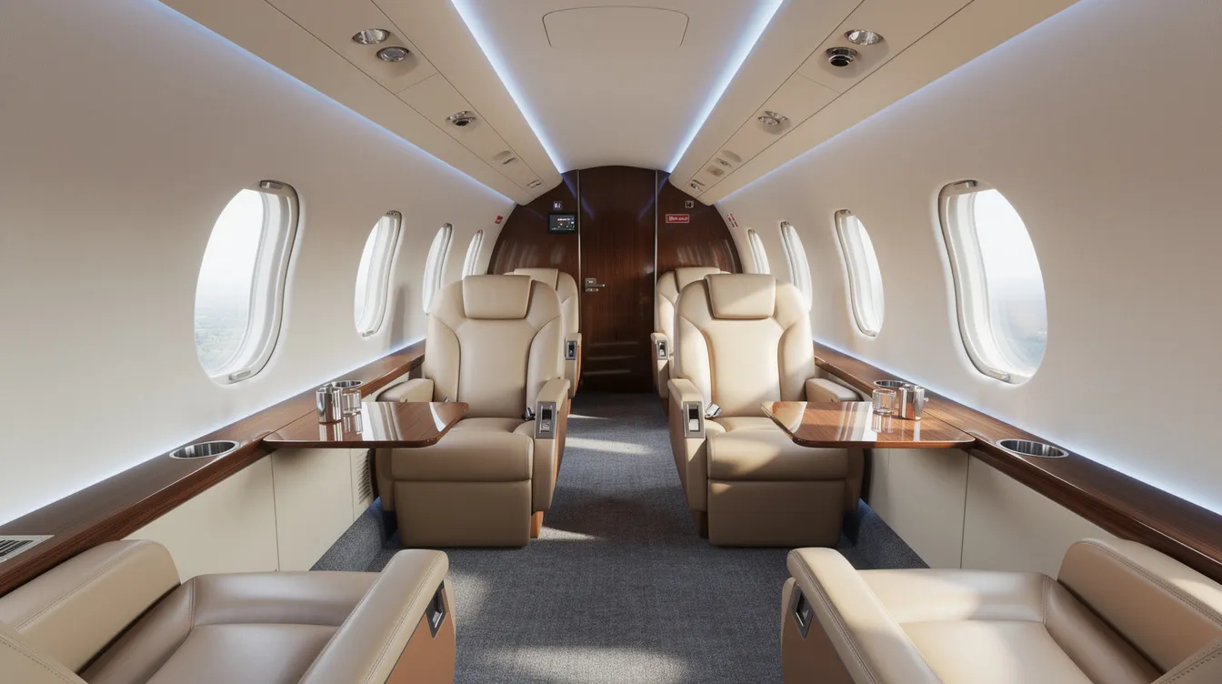 The image showcases the interior of a modern midsize business jet, featuring luxurious leather seats and ambient lighting that creates a sophisticated atmosphere for private jet travel. This elegant space is designed to accommodate six to eight passengers, providing a comfortable environment for business leaders to bypass crowded airports and enjoy a seamless private aviation experience.