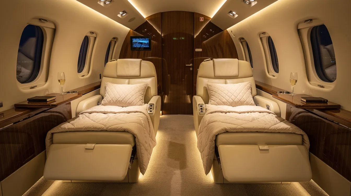 The image depicts the luxurious interior of a private jet cabin, featuring cream leather flat-bed seats and soft ambient lighting, designed for ultimate comfort and business efficiency during travel. This Rolls Royce private jet showcases the perfect combination of elegance and functionality, enabling connectivity and productivity for its passengers.