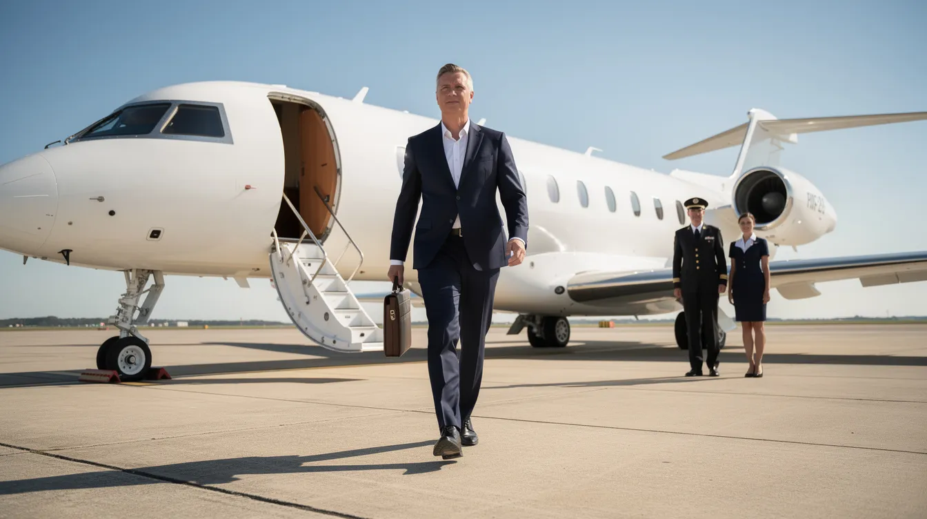 An executive dressed in business attire confidently walks toward a luxurious private jet on a sunny tarmac, with a professional crew standing by the aircraft door, ready to assist. This scene highlights the elegance and efficiency of business aviation, exemplified by the Rolls Royce private jet, as it prepares for a journey that connects families and companies across the globe.