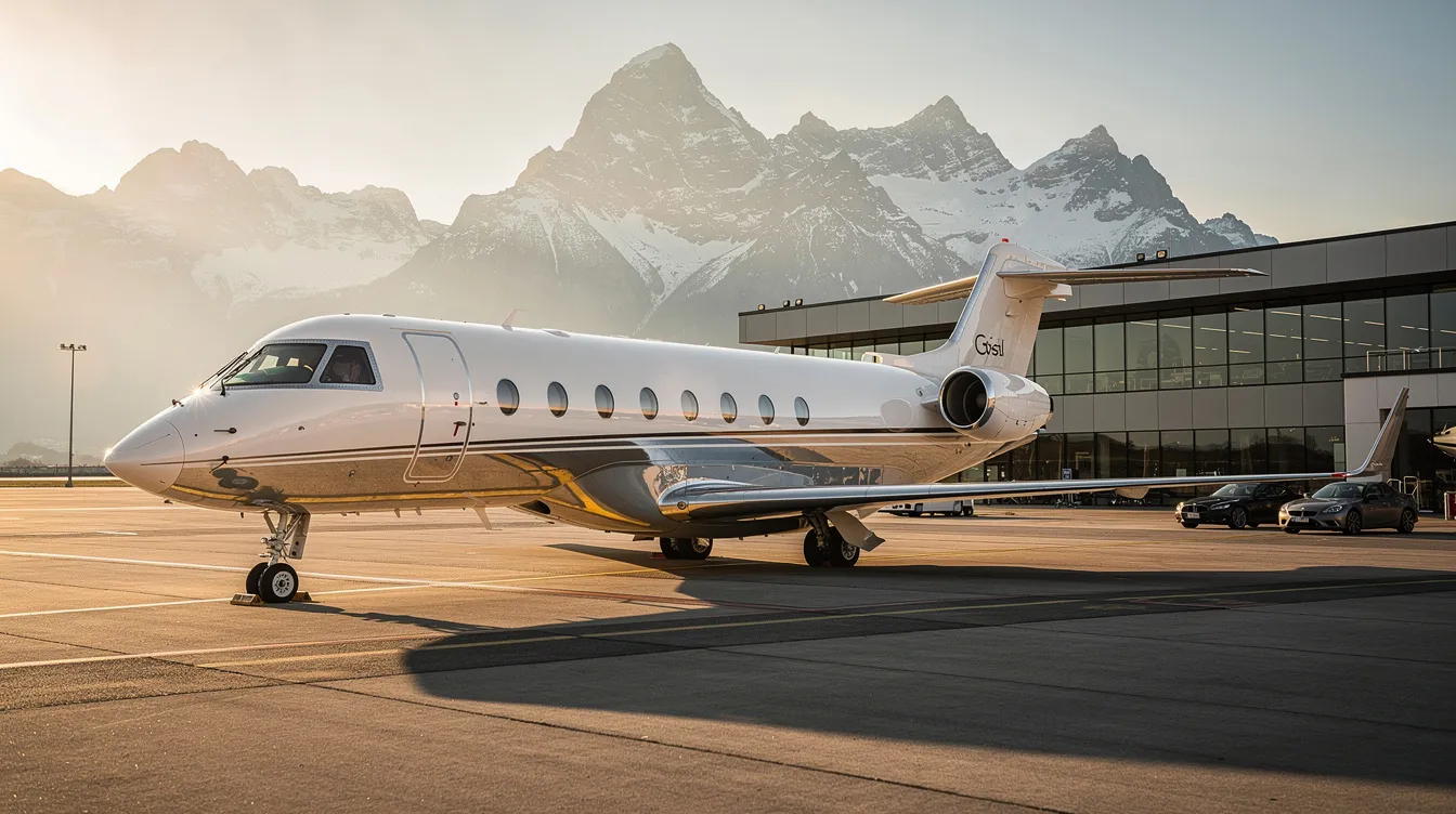 A sleek long-range business jet, resembling a Rolls Royce private jet, is parked at a private aviation terminal with majestic mountains in the background, bathed in the warm glow of golden hour. This scene highlights the elegance and efficiency of private aircraft, emphasizing their role in enhancing business productivity and connectivity worldwide.